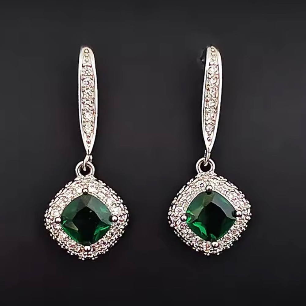 Emerald Green Cushion Drop Earrings in Silver Tone
